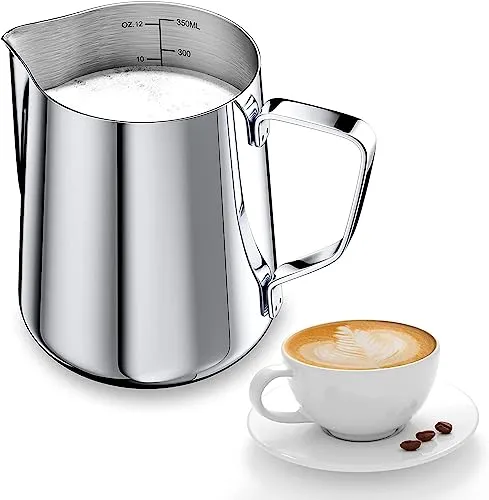 Milchkännchen, 350ml Handaufschäumer aus Edelstahl, Kaffeeweißer Milchaufschäumer Tasse mit Messmarke, Milchkännchen passend für Barista Cappuccino Espresso