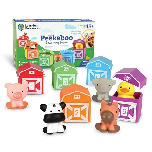 Learning Resources Peekaboo Learning Farm – Lernspielzeug für Kleinkinder, 10-teiliges Set mit Fingerpuppen-Tieren & Ställen, Farben & Zahlen Lernen, Montessori-Spiel ab 18 Monaten