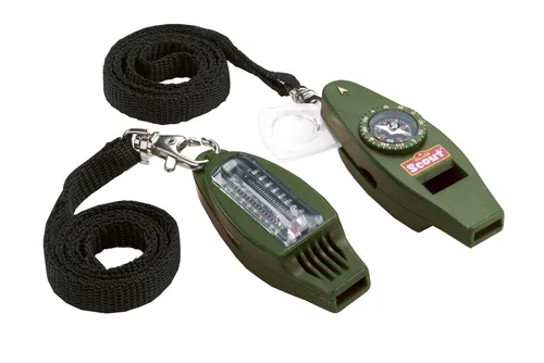 SCOUT SIGNALPFEIFE MIT AUSKLAPPBARER LUPE THERMOMETER KOMPASS LICHT KARABINER