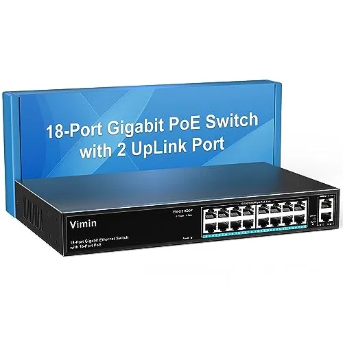 VIMIN 16-Port Gigabit PoE Switch - Netzwerk-Switches mit 16 PoE+ Anschlüssen und 2 Uplink Ports, bietet zuverlässige Stromversorgung und schnellen Datentransfer für Ihre Geräte, ideal für sichere Netzwerkinstallationen.