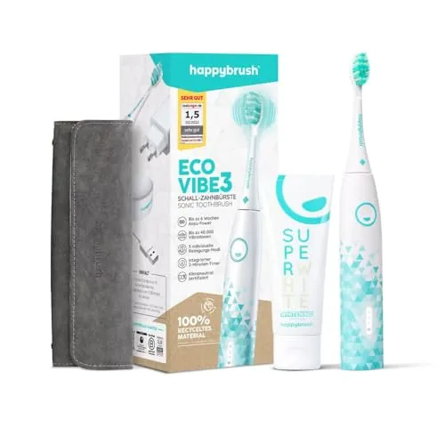 happybrush® Schallzahnbürste Eco Vibe 3 - TESTSIEGER 2024-100 Tage testen - Elektrische Zahnbürste mit 6 Wochen Akku - Ultraschall Zahnbürsten - Inkl. Travelcase & Zahnpasta - White/Mint