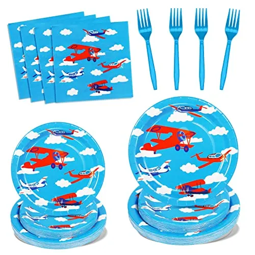Nkaiso Partygeschirr Kindergeburtstag, 96Stück Flugzeuge Party Deko Zubehör Set ​Papier Geschirrset einschließlich Pappteller Geschirr Servietten für Party Geburtstag Mädchen Deko -24 Gäste