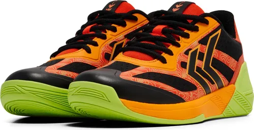 Hummel Algiz VI Hallenschuhe Herren - Schwarz Rot Orange, Gr. 43,5 - Hallenschuhe für Herren mit maximaler Dämpfung und Stabilität, ideal für defensive Spieler. Das atmungsaktive Mesh-Obermaterial sorgt für optimale Belüftung während intensiver Spiele.