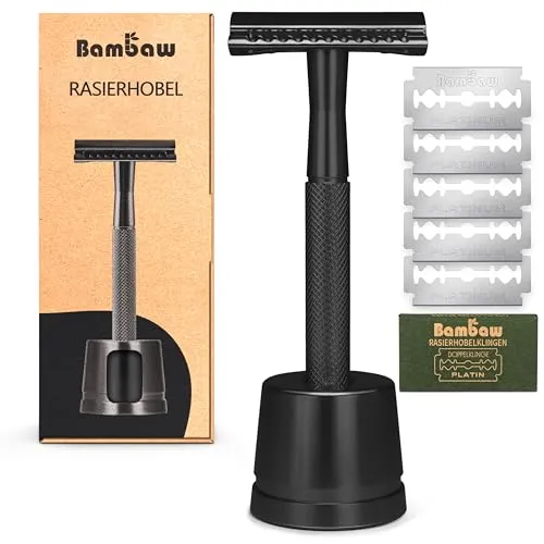 Bambaw Rasierhobel Herren mit Ständer und 5 Rasierhobel Klingen, Metall Rasierer Herren mit Geschlossenem Kamm Für Eine Präzise & Sanfte Rasur, Ausgeglichenes Gewicht für Volle Kontrolle (Schwarz)