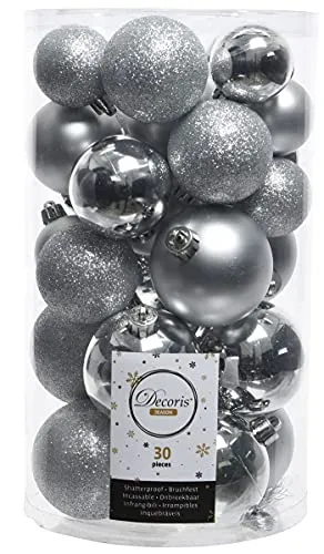 ETC 30er Set Kugelmix PVC mit Weihnachtskugeln Baumschmuck bruchfester Christbaumschmuck (Silber)