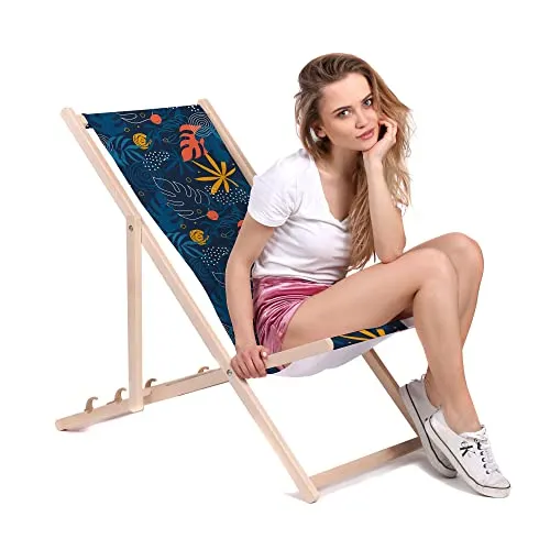 DreamRoots Liegestuhl Klappbar Holz aus Buchenholz, bis 130 kg belastbar, 3-Fach verstellbare Rückenlehne, waschbarer Polyesterbezug