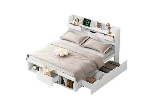 Odikalo Stauraumbett Doppelbett mit USB und Schublade (180x200 cm) - Multifunktionales Doppelbett mit extra großem Stauraum, ideal für Kinder und Jugendliche. Mit praktischen Ablageflächen und einfacher Montage. Perfekt für Ordnung im Schlafzimmer!