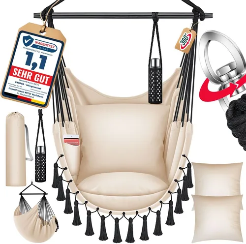 KESSER Hängesessel mit Kissen und Getränkehalter - Hängesessel für Haus und Garten, inklusive praktischer Seitentasche und Getränkehalter. Ideal für entspannende Stunden mit 360°-Komfort und bis zu 150 kg Tragfähigkeit.