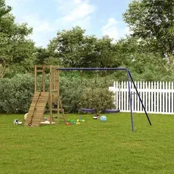 vidaXL Spielturm aus Kiefernholz mit Kletterwand und Schaukeln - Gestalte den Garten deiner Kinder zum Abenteuerspielplatz! Dieser robuste Spielturm aus imprägniertem Kiefernholz bietet zahlreiche Spielmöglichkeiten und fördert die Kreativität. Ideal für Kinder von 3-8 Jahren.