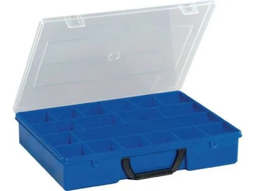 Sortimentskasten B365xT290xH65mm - 18 Fächer, schlagfestes Polypropylen mit transparentem Deckel und ergonomischem Tragegriff, ideal für Werkstätten und Servicefahrzeuge