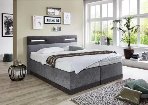Westfalia Schlafkomfort Boxspringbett mit LED-Beleuchtung, 160x200 cm, grau - Elegantes Boxspringbett mit dimmbarer LED-Beleuchtung im Kopfteil und 5-Zonen-Tonnentaschen-Federkernmatratze für optimalen Schlafkomfort. Bezug waschbar bis 60°C.