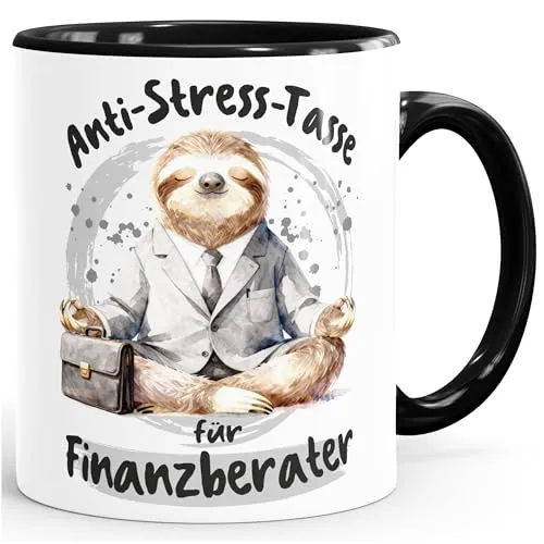 MoonWorks® Kaffee-Tasse Geschenk Finanzberater Anti Stress Bürotasse Faultier Lustig Arbeit Job Keramikbecher Weiss-innen-schwarz standard