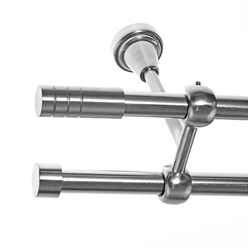 BASIT Gardinenstange I Edelstahl Look Metall Ø 16mm I Vorhangstange I Gardinenstangenset I Deckenbefestigung I 2 läufig mit Deckenmontage I Zylinder mit Rillen I Länge 140 cm I Design D24 E28 E16
