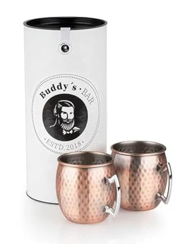 Buddy's Moscow Mule Becher Set, 2-tlg., Edelstahl, 500 ml - Genieße Cocktails stilvoll mit den hochwertigen Moscow Mule Bechern von Buddy's Bar! Hergestellt aus robustem Edelstahl im Vintage-Look, ideal für unvergessliche Abende mit Freunden.