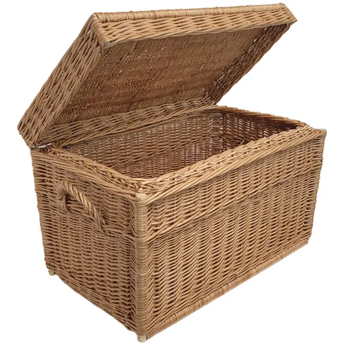 Weidentruhe 70cm mit flachem Scharnierdeckel - Spielzeugkiste aus Massivholz, ideal zur Aufbewahrung von Spielzeug und gleichzeitig ein stilvolles Möbelstück für Ihr Wohnzimmer.