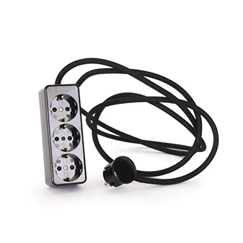 Elegante 3-Fach Steckdosenleiste aus Duroplast, Schwarz - Steckdosen & Zubehör: Hochwertige 3-fach Steckdosenleiste mit 2.5m Textilkabel, stilvolles Design in Bakelit-Optik und max. Belastung von 3500 Watt.