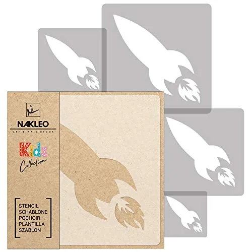 NAKLEO Schablonen Malen für Kinderzimmer, 5 Stück Set 9x9 bis 34x34cm Rakete Weltraum Kosmos, Wiederverwendbare Kunststoff Malvorlage Raumdekoration, Basteln DIY Wand Möbel Papier Stoff