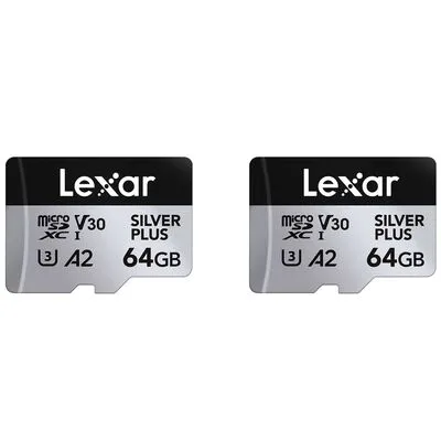 Lexar Silver Plus Micro SD Karte 64GB - 2-Pack - Speicherkarten mit bis zu 205 MB/s Lesegeschwindigkeit, ideal für 4K UHD Videoaufnahmen und schnelle Datenübertragungen. Robust und kompatibel mit den meisten Geräten.