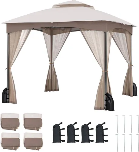GOPLUS 3x3 m Gartenpavillon mit Doppeldach und Netzseitenwänden - Robuster Gartenpavillon in Khaki, ideal für Terrassen und Rasen. Mit UV- und wasserfestem Dach, stabiler Konstruktion und einfacher Montage für unbeschwerte Stunden im Freien.