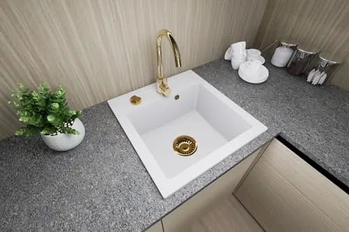 Faizee Granitspüle 48x50 cm Weiß mit goldener Armatur - Moderne Küchenspüle aus 80 % Quarz, kratzfest und hitzebeständig. Beidseitig montierbar, inklusive hochwertiger goldener Armatur und Siphon-Set für eine stilvolle Küche.