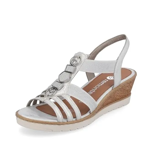 Damen Sandalen Remonte R6264-80 - Sommerliche Eleganz in Silber - Wanderschuhe mit 5,5 cm Keilabsatz und gepolsterter Lederinnensohle für optimalen Tragekomfort und Stil bei jedem Schritt.