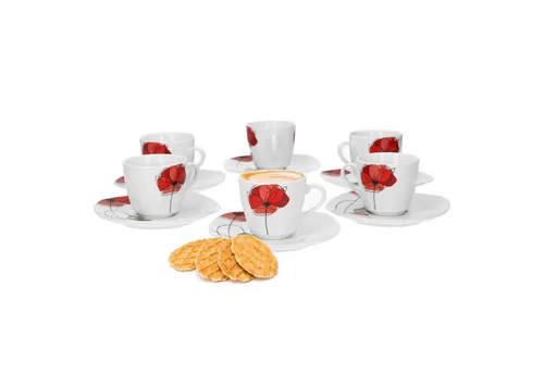 van Well Tasse 6er Espressotasse mit Espressountertasse Monika Porzellan Blume-Mohn, Porzellan
