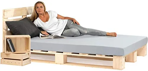 sunnypillow Palettenbett 140x200 cm mit Kopfteil in beige von sunnypillow