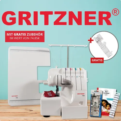 Gritzner 788 Overlock Nähmaschine - Overlock Nähmaschine mit 5 Sonderfüßen, Abfallbehälter, Buch und LED-Licht für präzises und schnelles Nähen.