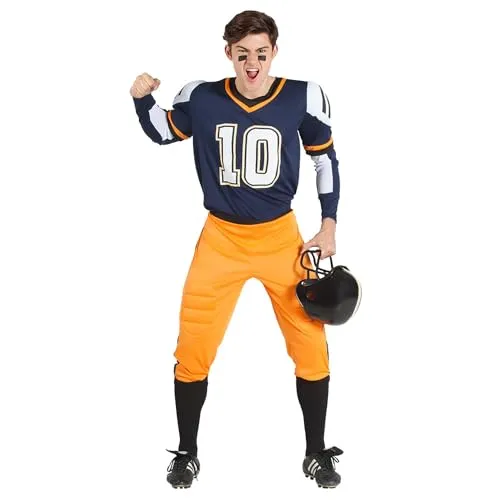 Boland - 6-teiliges American Football Kostüm für Herren - Faszinierendes Kostümset von Boland in Größe XXL, bestehend aus Hose, Shirt, Armstulpen und Socken. Ideal für Fasching, Halloween oder Mottopartys, sorgt für einen authentischen Look in Dunkelblau, Gelb und Weiß.