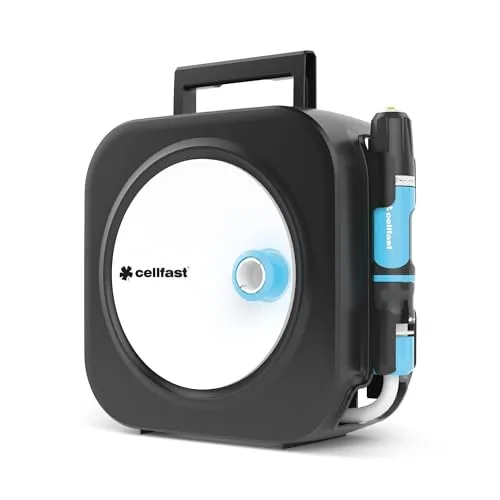 CELLFAST Gartenbrause Sprinklerpistole - Schlauchtrommel mit automatischer Aufroll-Technologie, ideal für Rasen und Blumen, platzsparend und einfach zu handhaben.