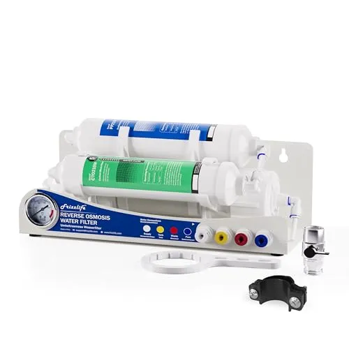 Frizzlife BFRO100 Aquarium Umkehrosmose-System, 3-stufiges Countertop RO Trinkwasser-Filtersystem mit Manometer, kompakt, 100 GPD