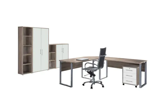 BMG Möbel Büromöbel-Set Office Edition Büromöbel Sonoma Eiche / Weiß Matt, (Schrank, Regal, Aktenschrank, Schreibtisch), Druckerschrank, individuell zusammenstellen