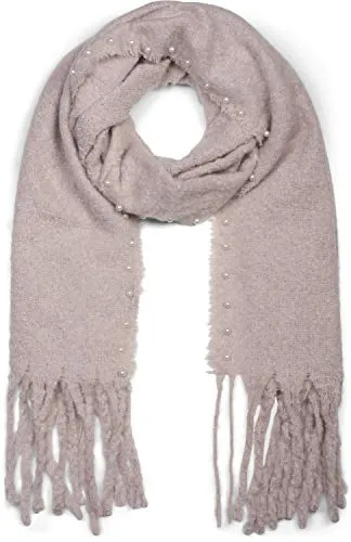 styleBREAKER Damen unifarbener Web Schal mit Perlen und langen dicken Fransen, Winter, Stola 01017123, Farbe:Rose-Grau