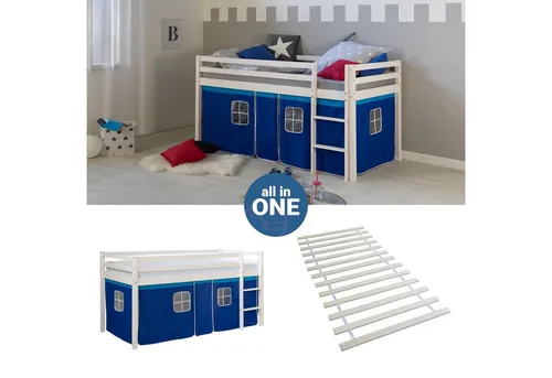 Homestyle4u Hochbett 90x200 mit Vorhang in Weiß - Hochbett für Kinderzimmer mit Lattenrost und abnehmbarem blauen Vorhang, bietet viel Platz für Spiel und Stauraum, inklusive Sicherheitsumrandung für einen sicheren Schlaf.