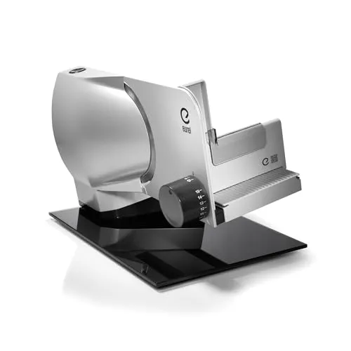 EUREL RS92 Allesschneider Elektrisch Silber – Brotschneidemaschine, Vollmetall, Glasplatte, 0–15mm Schnittstärke, EcoDrive 80W Gleichstrommotor, Servier- & Aufbewahrungsschale