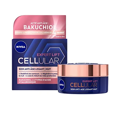 NIVEA Cellular Expert Lift – glättende Anti-Aging-Gesichtspflege – Nachtcreme – glättet & reduziert Falten – Kollagen Booster – Hyaluronsäure & natürliches Bakuchiol – alle Hauttypen – 50 ml