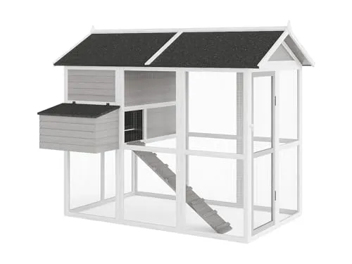 Vente-unique-Hühnerstall aus Holz mit Freilaufgehege - für 8 Hühner - 201 x 142 x 171 cm - Grau & Weiß - Gallus