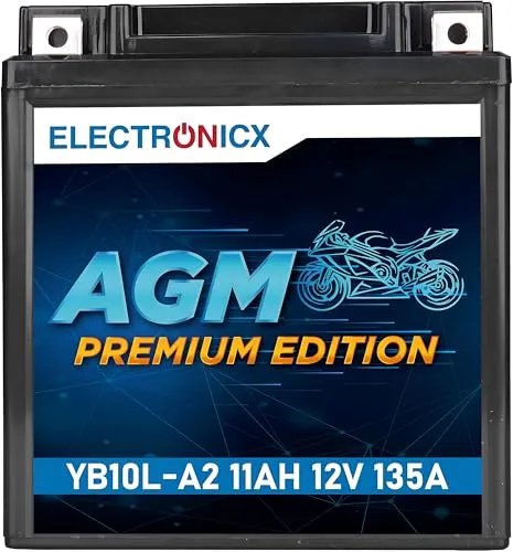 Electronicx AGM Motorradbatterie YB10L-A2 12V 11Ah 135A/EN – Wartungsfrei, Langlebig, Maximale Leistung – Optimal für leistungsstarke Motorräder
