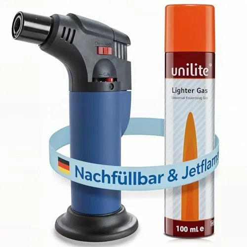 UNILITE Feuerzeug MIT Gas – Sturmfeuerzeug Gas Brenner mit Jet Flamme – nachfüllbar – 100 ml Nachfüllgas im Set – Jetflame – Nachfüller – Elektronik Feuerzeug – In 4 Farben erhältlich (Blau)