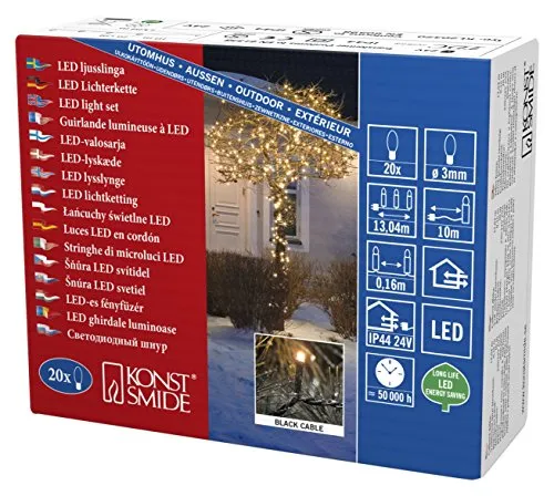 Konstsmide Micro LED Lichterkette, 20 bernsteinfarbene Dioden, 24V Außentrafo, schwarzes Kabel - 3609-800