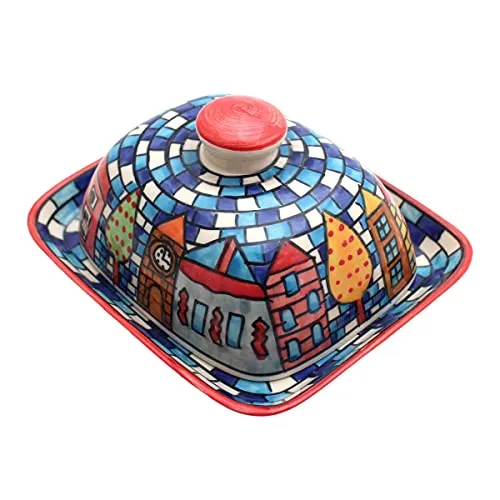 Gall&Zick Butterdose mit Deckel, Butterdose Porzellan Keramik Bunt Handbemalt, Butterglocke handgefertigt aus Keramik, für EIN normales 250g Stück Butter, spülmaschinenfest (Urban)