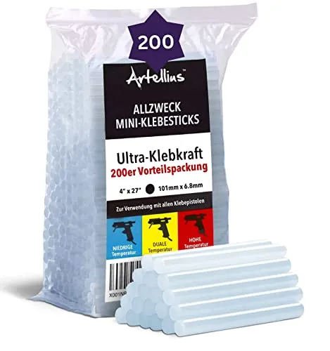 Artellius Heissklebesticks (Großpackung mit 200 Stück) Heißklebestifte 100mm x 7mm - Kompatibel mit den Meisten Klebepistolen - Transparente Heissklebestift für Heimwerken Reparieren Dekorieren