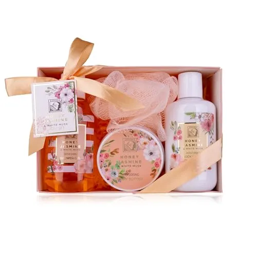 Accentra – Duschset Frauen Geschenkset HONEY JASMINE in schöner Geschenkbox – 4-teiliges Pflegeset mit Duschgel, Bodylotion, Körperbutter und Netzschwamm – Geschenk Set zum Geburtstag & Valentinstag