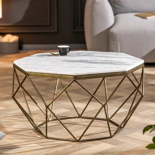 riess-ambiente Couchtisch DIAMOND 70cm, Weiß/Messing – Elegantes Unikat für dein Wohnzimmer - Couchtisch aus hochwertigem Marmor und elegantem Messinggestell, jedes Stück ein individuelles Unikat mit einzigartiger Optik – perfekt für stilvolle Wohnzimmer.