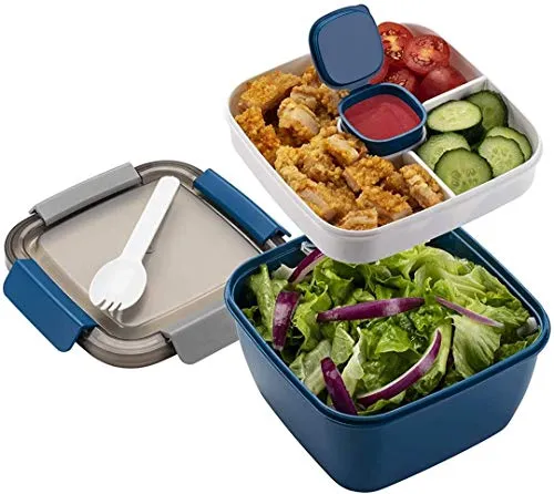 MUJUZE Lunchbox mit unterteilung fächern,Salatbox to go Erwachsene/Kinder,Brotzeitbox Nachhaltig Bento Box Auslaufsicher, Brotdose mit Besteck für Schule/Arbeit/Picknick Reisen (Blue)