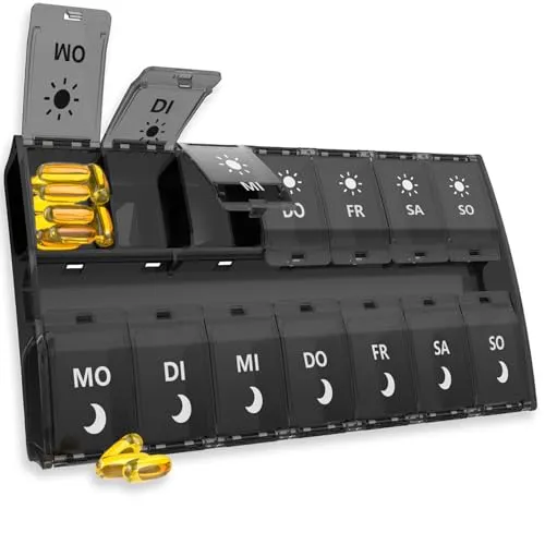 Tablettenbox 7 Tage Große Fächer, Pillendose 14 Tage 2 Fächer, Morgens Abends Medikamentenbox 14 Fächer mit Scharnierdeckel-Design, Tabletten Organizer für Fischöl, Nahrungsergänzungsmittel