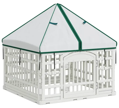 vidaXL 4-Panel-Hundespielplatz mit Dach Weiß 88 x 58 cm - Praktischer Hundespielplatz aus robustem Kunststoff, ideal für Innen und Außen. Mit einfacher Faltfunktion und sicherem Doppelschloss bietet er deinem Hund einen komfortablen Raum zum Spielen und Entspannen.