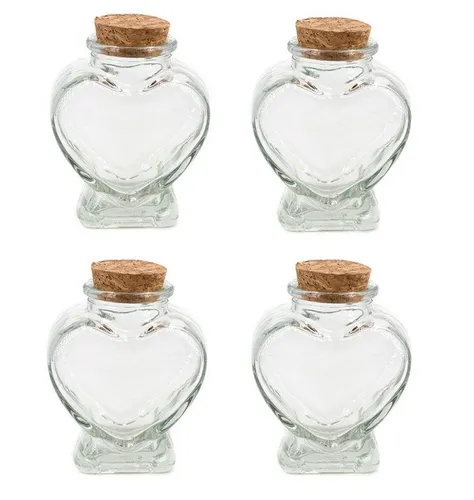 Creativery Deko-Glas, Glasflaschen mit Korken Herz Form 8cm klar transparent 70ml, 4er Set