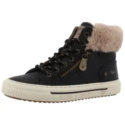 Mustang Damen High Top Sneaker Schwarz - Stiefel mit Kunstleder, Fleece-Innenfutter und Kunstfell am Schaft, ideal für den Herbst. Schnürung und Reißverschluss sorgen für einfachen Einstieg.