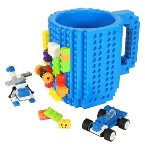 Lumsburry Build-on Bricks Tassen Becher, Kreative DIY Kaffeetasse Baustein Kaffee Tee Trinken Spaß Trinken Geschenk (Blau)